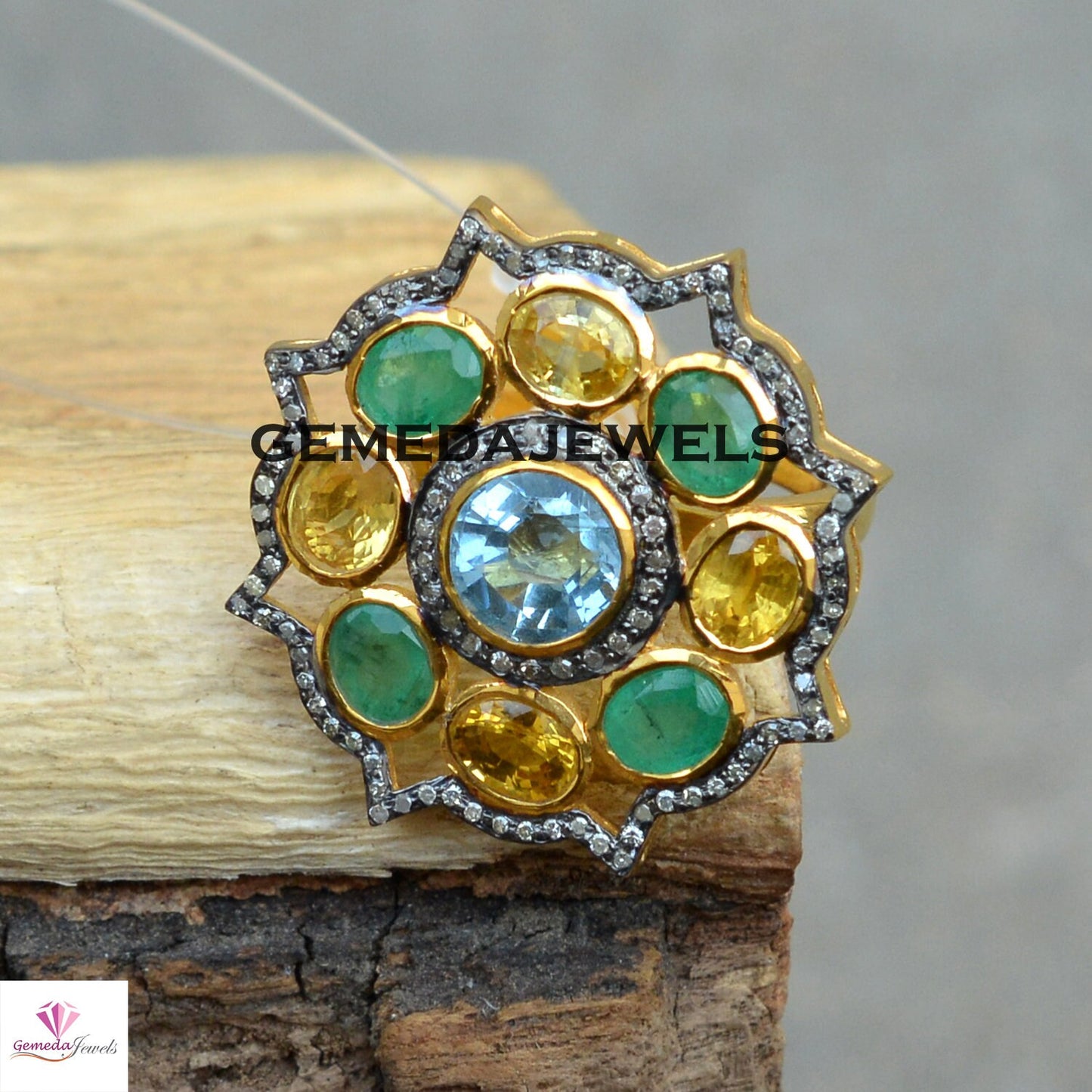 Blue Topaz Ring, Emerald Gemstone Ring, Citrine Ring, Pave Diamond Jewelry, 925 Silver Flower Ring, 14k Gold Vermeil Jewelry, Wedding Gifts