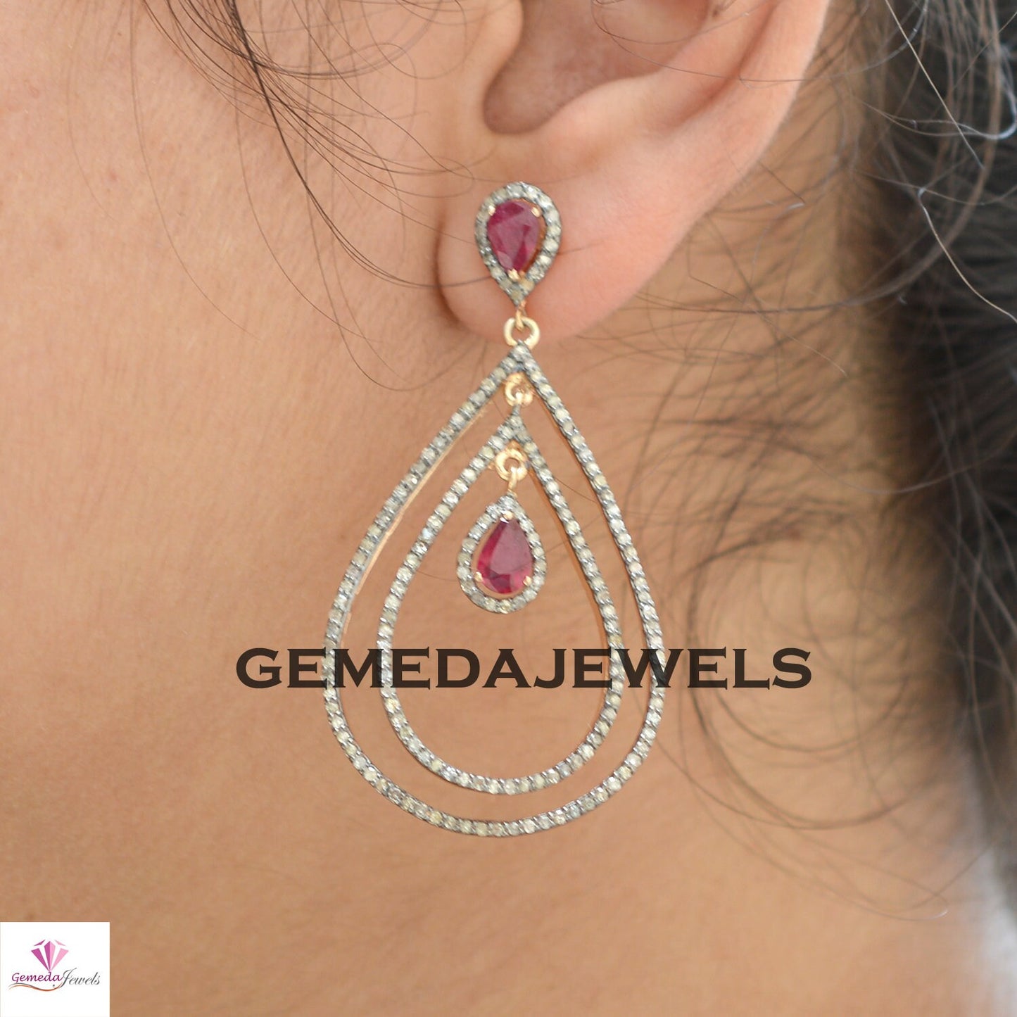 Gorgeous Red Ruby Earrings, Pave Diamond Earring, Diamond 925 Silver Jewelry, Drop Dangle Earrings, Gold Plated Jewelry, Wedding Jewelry