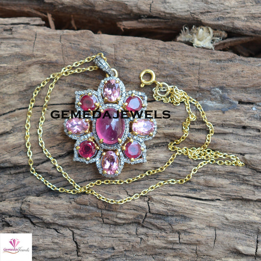 Sale! Ruby Floral Pendant, Pave Diamond Jewelry, 925 Silver Pendant, Gold Filled Jewelry, Sapphire Silver Pendant, 16" Chain Necklace, Gifts