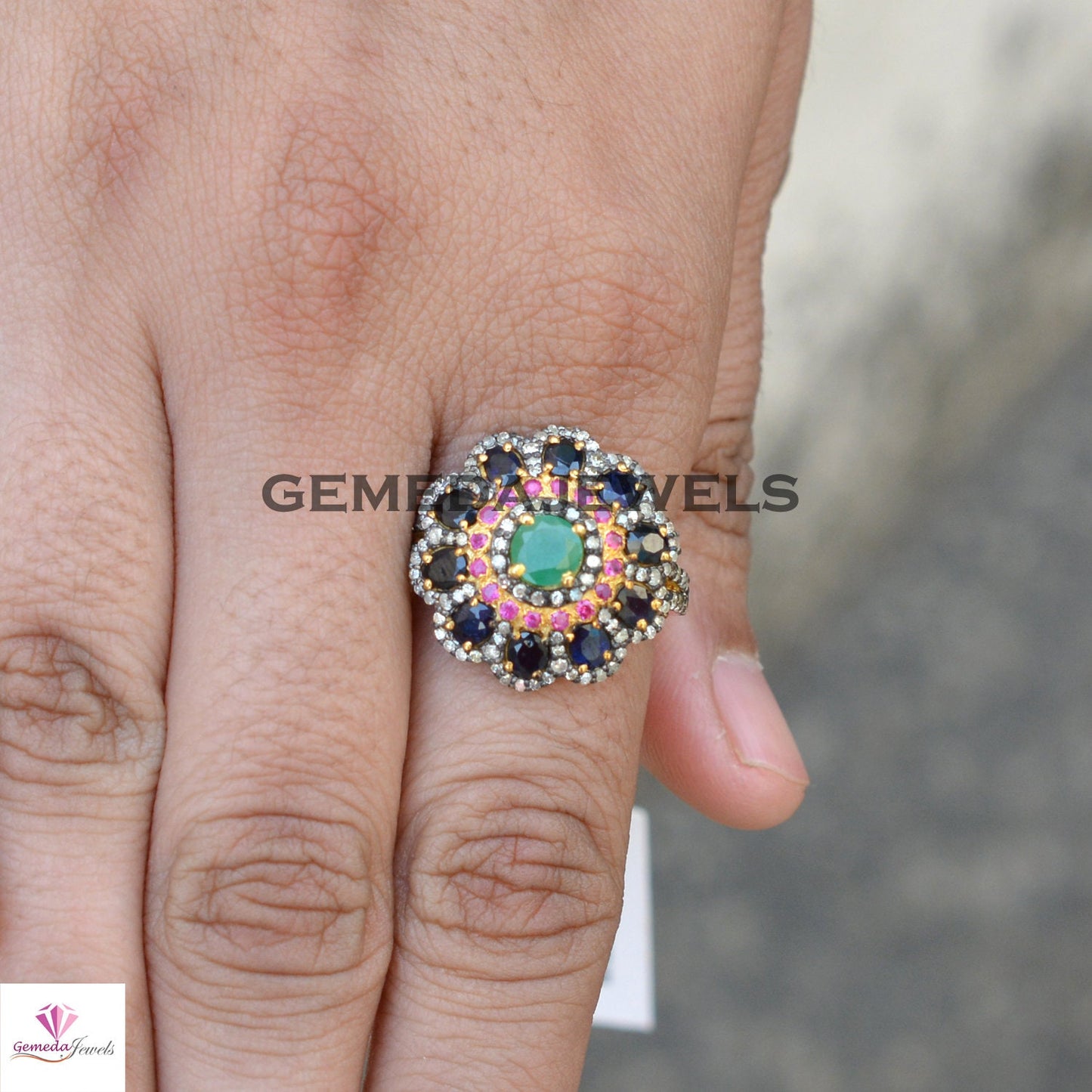 Emerald Gemstone Ring, Sapphire Floral Ring, Ruby Gemstone Ring, Pave Diamond Jewelry, Gemstone Diamond Ring, 925 Silver Gold Filled Jewelry
