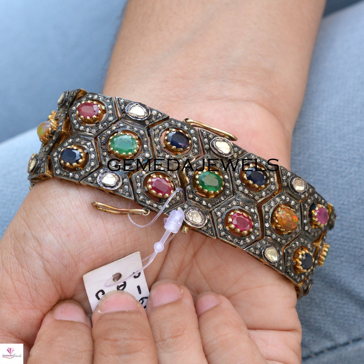 Polki Diamond Bracelet, Ruby Opal Gemstone Bracelet, Pave Diamond Jewelry, 14k Gold Plated Jewelry, 925 Silver Bracelet, Emerald Bracelet