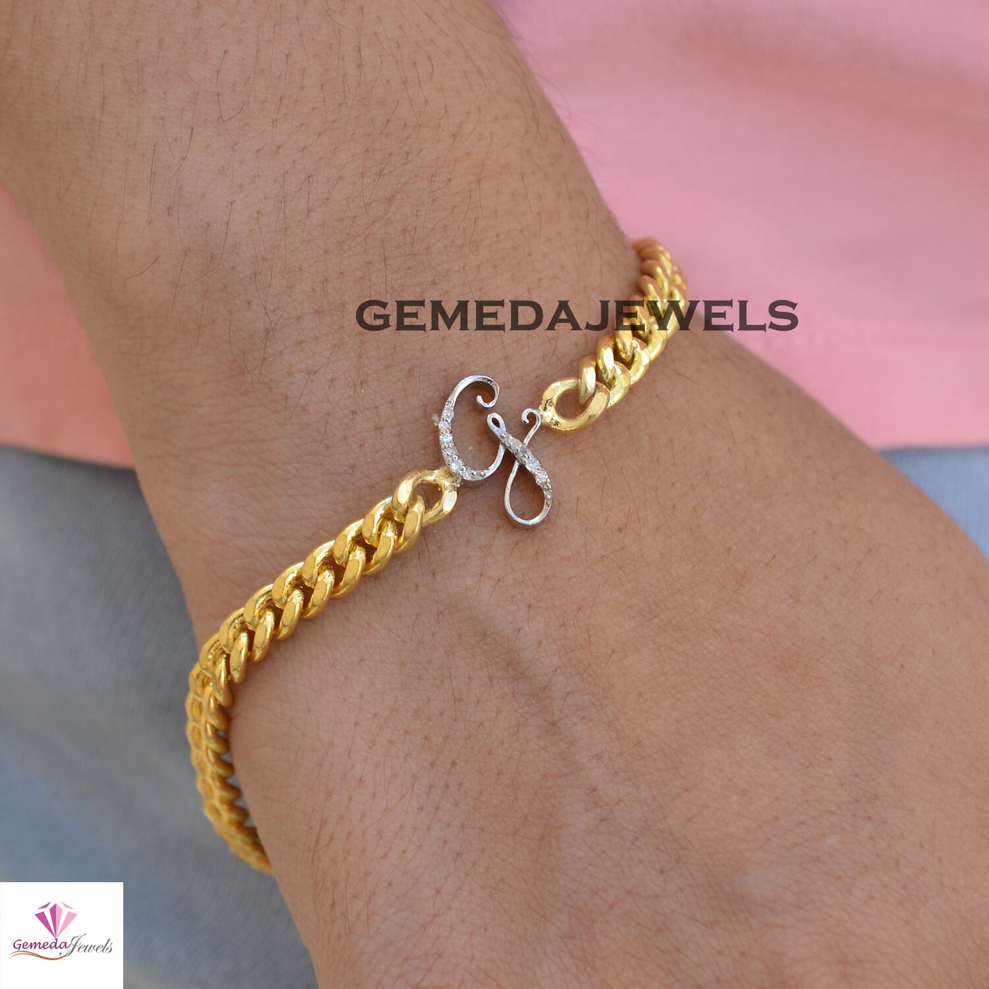 Pave Diamond G Initial Bracelet, 14k Gold Plated Jewelry, 925 Silver Link Chain Bracelet, Diamond Initial Bracelet Jewelry Personalized Gift