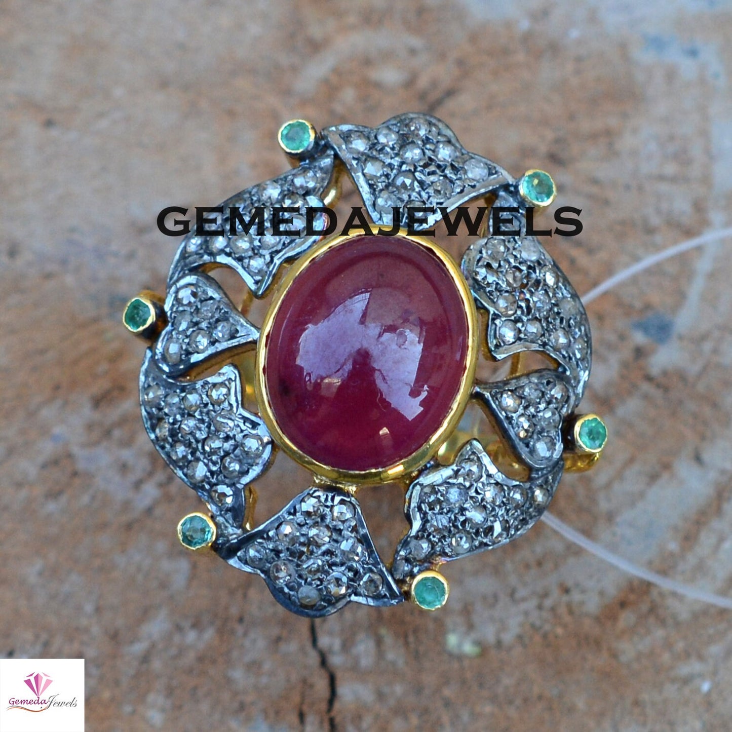 Genuine Ruby Ring, Sterling Silver Ring, 14k Gold Plated Jewelry, Emerald Gemstone Ring, Pave Diamond Jewelry, Designer Diamond Gift Jewelry