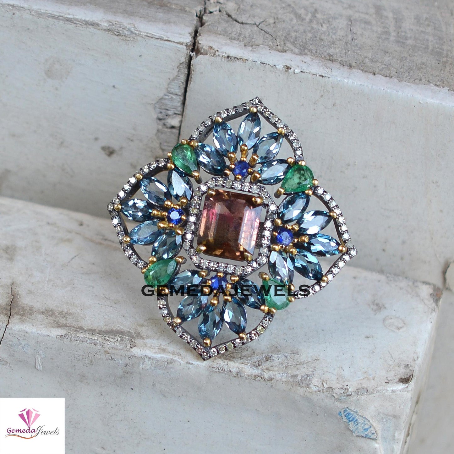 Tourmaline Flower Ring, Emerald 925 Silver Ring, Pave Diamond Jewelry, Sapphire Gemstone Ring, Rhodium Plated Jewelry, Valentine's Day Gift
