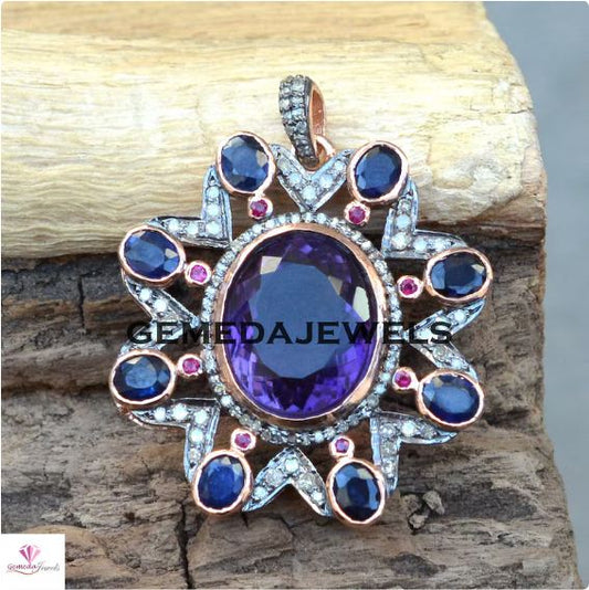 Sale!! Amethyst Pendant, Rose Gold Plated Jewelry, Flower Diamond Pendant, Pave Diamond Jewelry, Gemstone Silver Pendant, 16" Chain Necklace