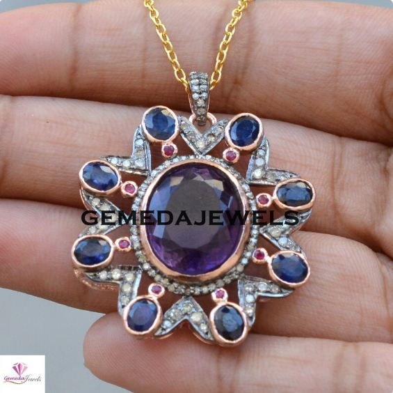 Sale!! Amethyst Pendant, Rose Gold Plated Jewelry, Flower Diamond Pendant, Pave Diamond Jewelry, Gemstone Silver Pendant, 16" Chain Necklace
