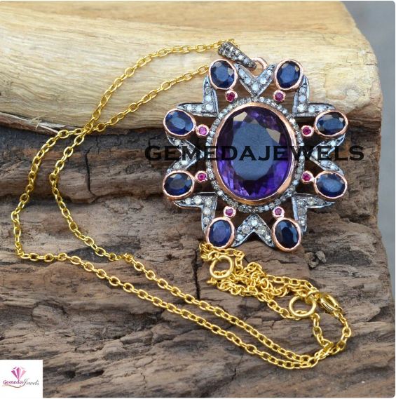 Sale!! Amethyst Pendant, Rose Gold Plated Jewelry, Flower Diamond Pendant, Pave Diamond Jewelry, Gemstone Silver Pendant, 16" Chain Necklace