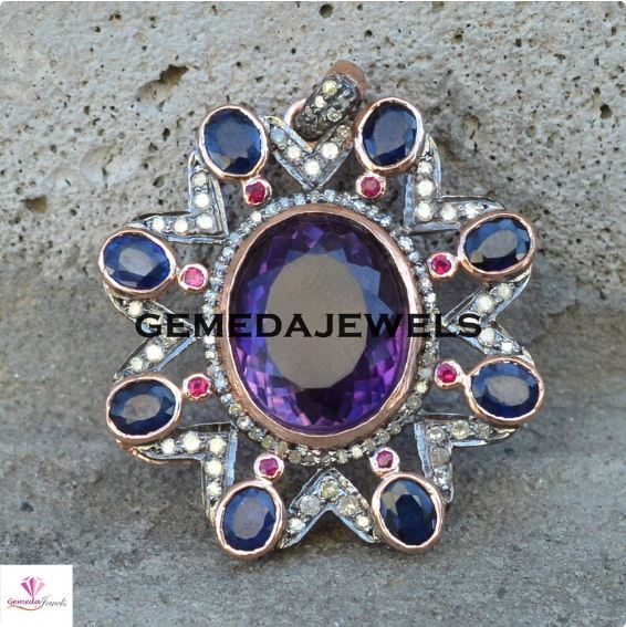 Sale!! Amethyst Pendant, Rose Gold Plated Jewelry, Flower Diamond Pendant, Pave Diamond Jewelry, Gemstone Silver Pendant, 16" Chain Necklace
