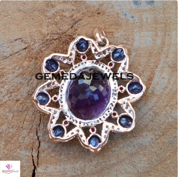 Sale!! Amethyst Pendant, Rose Gold Plated Jewelry, Flower Diamond Pendant, Pave Diamond Jewelry, Gemstone Silver Pendant, 16" Chain Necklace