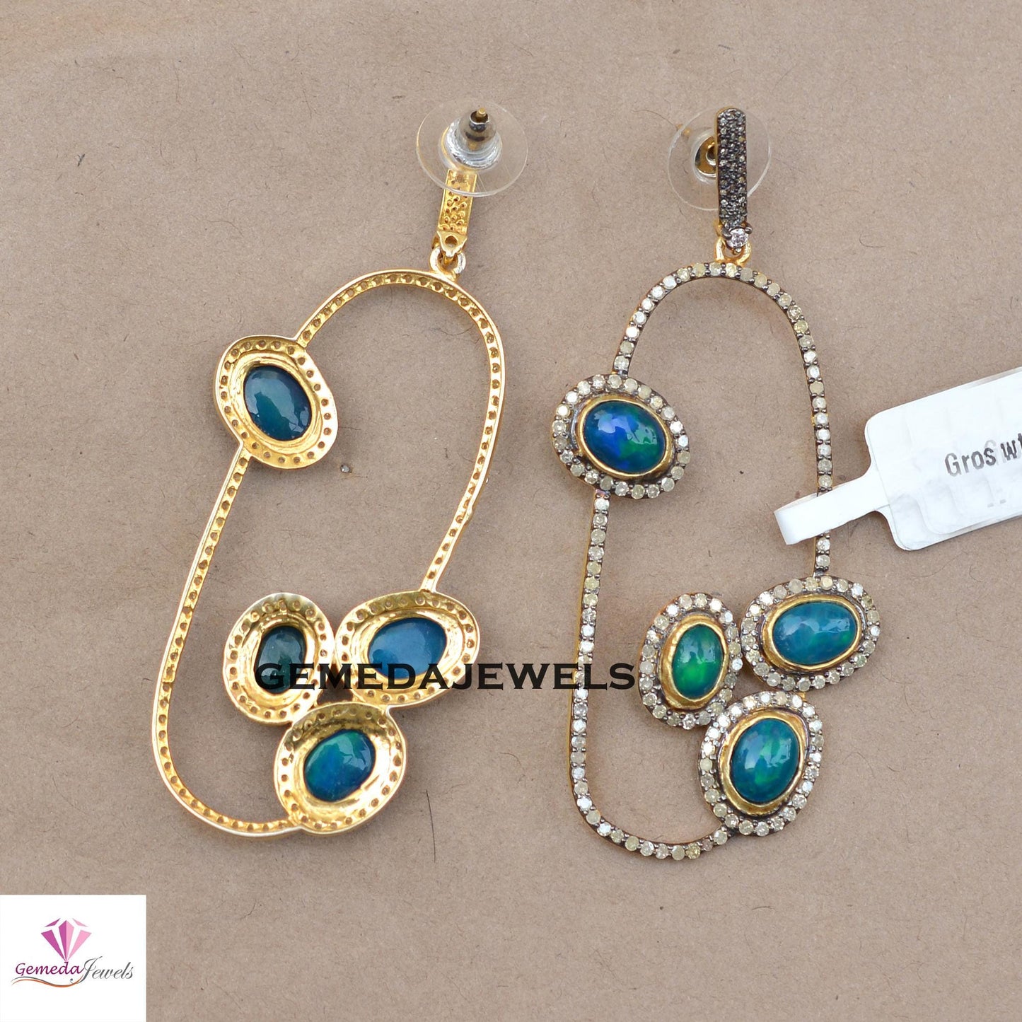 Natural Opal Gemstone Earrings, Solid 925 Silver Jewelry, 14k Gold Vermeil Earring, Sparkling Pave Diamond Earrings, Wedding Gift Jewelry