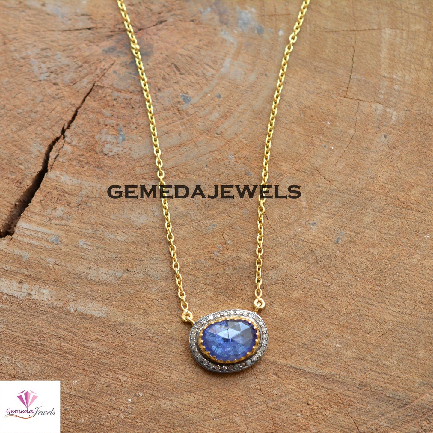 Tanzanite Charm Pendant, Pave Diamond Jewelry, Gemstone Necklace Jewelry, Yellow Gold Plated 20" Chain Necklace, 925 Silver Necklace, Gift