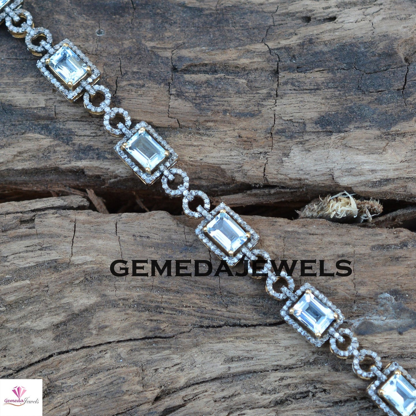 Blue Topaz Bracelet, Pave Diamond Silver Bracelet, Gemstone Diamond Jewelry, 925 Silver Jewelry, Gemstone Link Bracelet, Wedding Jewelry