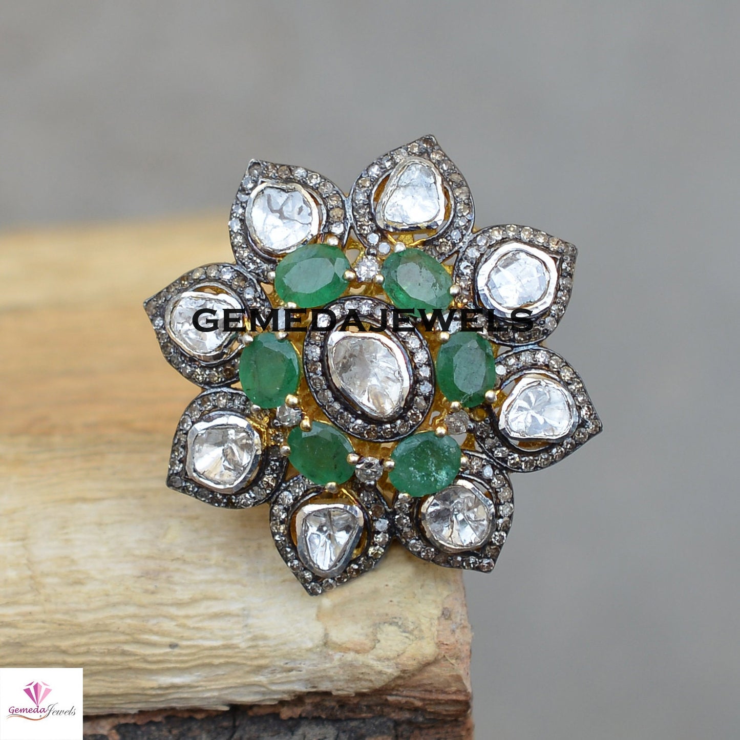 Polki Diamond Floral Ring, Emerald Silver Ring, Pave Diamond Jewelry, Sterling Silver Ring, Gold Vermeil Jewelry, Wedding Gift JEWELLERY