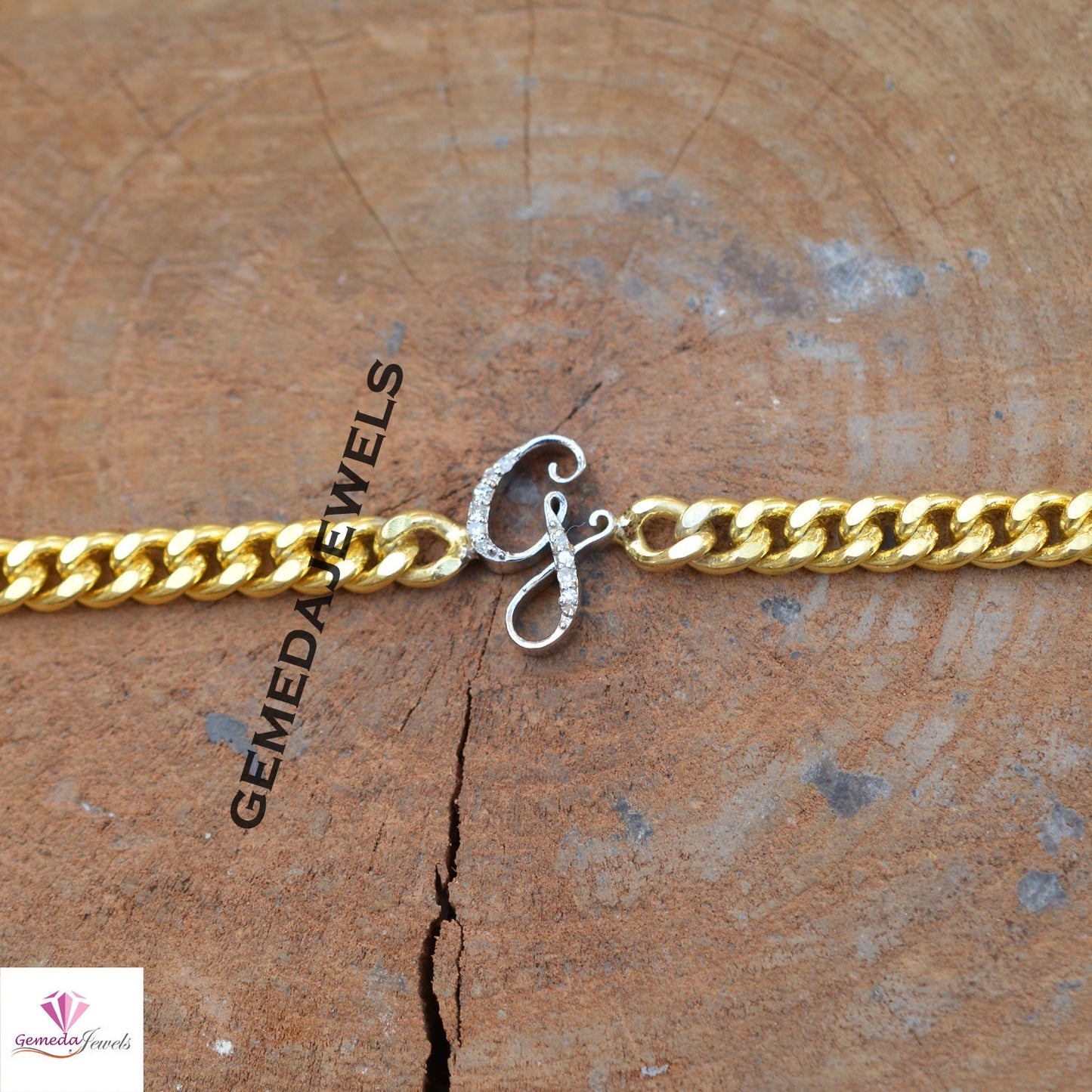 Pave Diamond G Initial Bracelet, 14k Gold Plated Jewelry, 925 Silver Link Chain Bracelet, Diamond Initial Bracelet Jewelry Personalized Gift