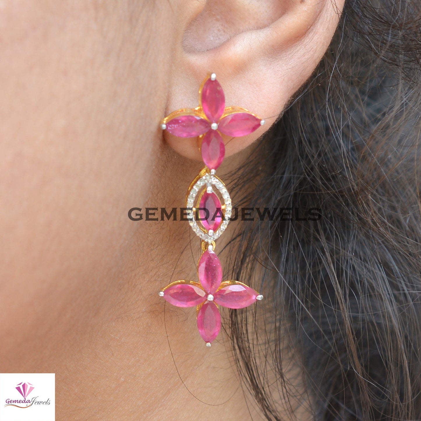 Sale!! Ruby Jewelry Set, Gemstone Flower Jewelry, Pave Diamond 22" Necklace, Earrings Necklace Jewelry Set, 925 Silver Jewelry, Gift For Her