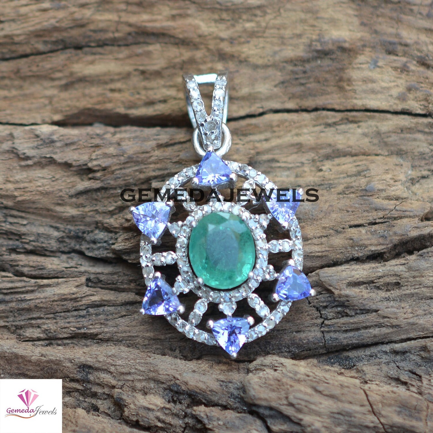 Genuine Emerald Pendant, Tanzanite Gemstone Jewelry, Pave Diamond Pendant, 925 Sterling Silver Jewelry, 16" Link Chain Pendant Necklace Gift