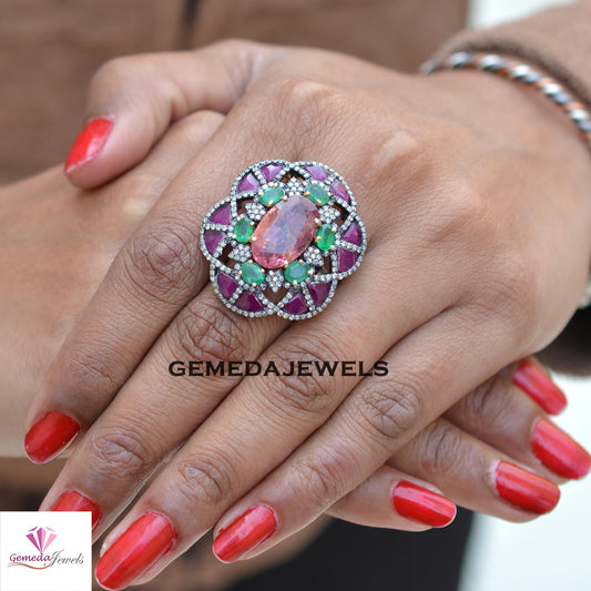 Gorgeous Pink Tourmaline Gemstone Ring, Pave Diamond Jewelry, Emerald 925 Silver Ring, Rhodium Plated Jewelry, Ruby Gemstone Flower Ring