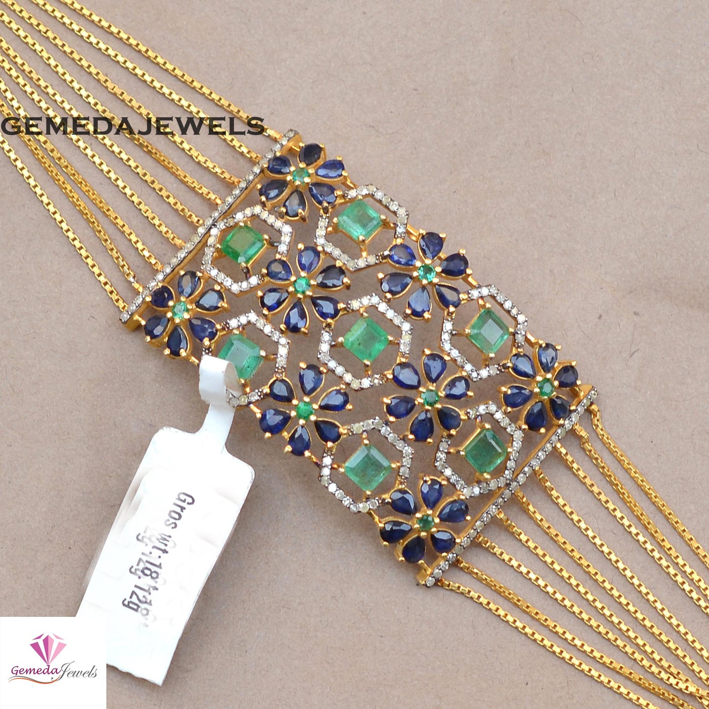 Natural Emerald Bracelet, Sapphire Flower Bracelet, 925 Silver Gold Plated Link Chain Clasp Lock Bracelet, Pave Diamond Jewelry Wedding Gift