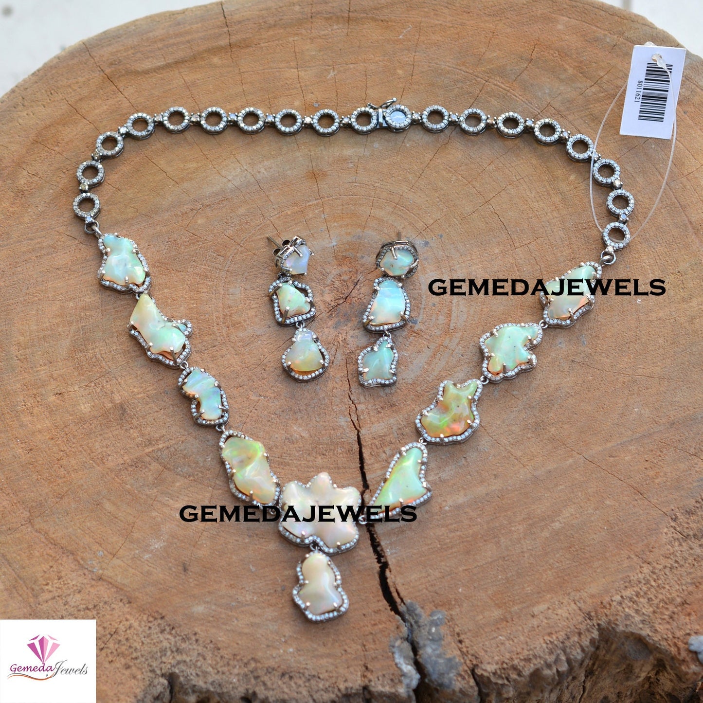 Sale Opal Gemstone Necklace, Pave Diamond Earrings, Opal Necklace Earrings Jewelry Set, 925 Solid Silver, 18" Silver Link Chain Necklace