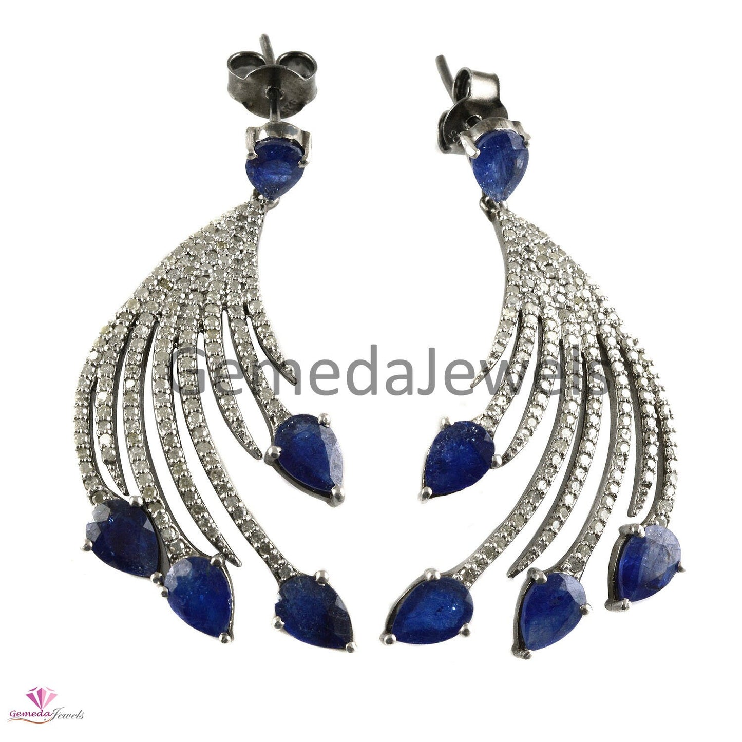 1.96 CTS Real Pave Diamond Earrings, Kyanite Gemstone Jewelry, 925 Silver Dangle Earring,  Designer Diamond Jewelry, Oxidized Silver Jewelry