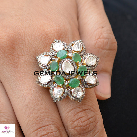 Polki Diamond Floral Ring, Emerald Silver Ring, Pave Diamond Jewelry, Sterling Silver Ring, Gold Vermeil Jewelry, Wedding Gift JEWELLERY