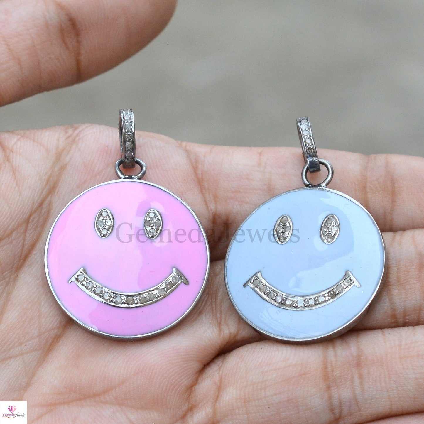Pink Blue Enamel Pendant, 925 Silver Jewelry, Smiley Face Pendant Jewelry, Pave Diamond Charm Pendant, 16" Chain Necklace, Unisex Pendant