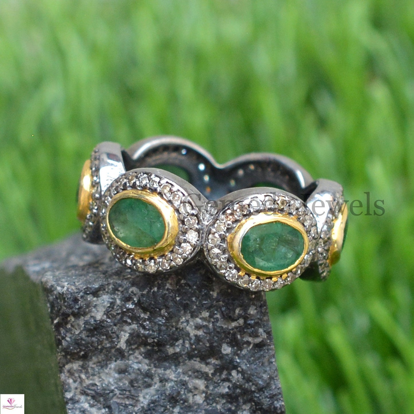 Sale! Emerald Gemstone Silver Ring, Oxidized 925 Silver Jewelry, Pave Diamond Band Ring, Gemstone Eternity Band Ring, Diamond Silver Jewelry