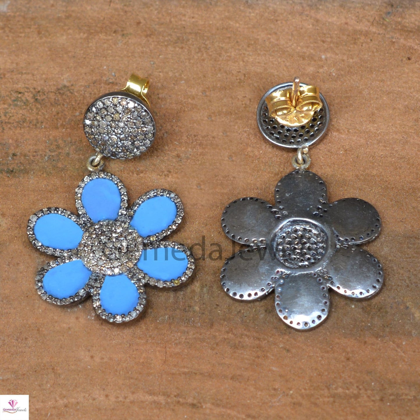 1.80cts Pave Diamond Earrings, 14k Gold Earring Jewelry, 925 Silver Earrings, Blue Enamel Earrings, Diamond Flower Earrings, Gift For Her