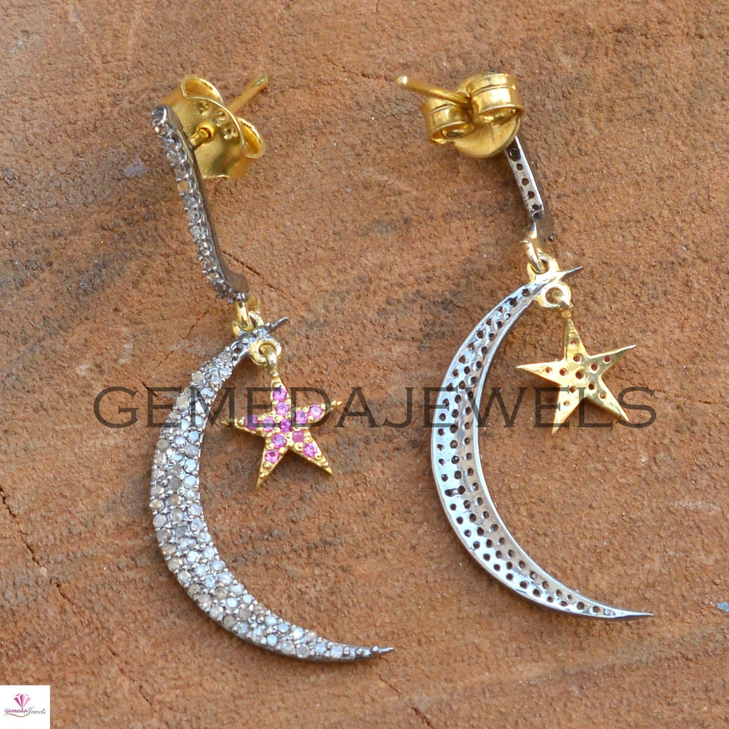 Pave Diamond Crescent Moon Earring, 925 Silver Gold Jewelry, Ruby Gemstone Star Earrings, Handmade Earrings, Gift For her, Bridesmaid Gift