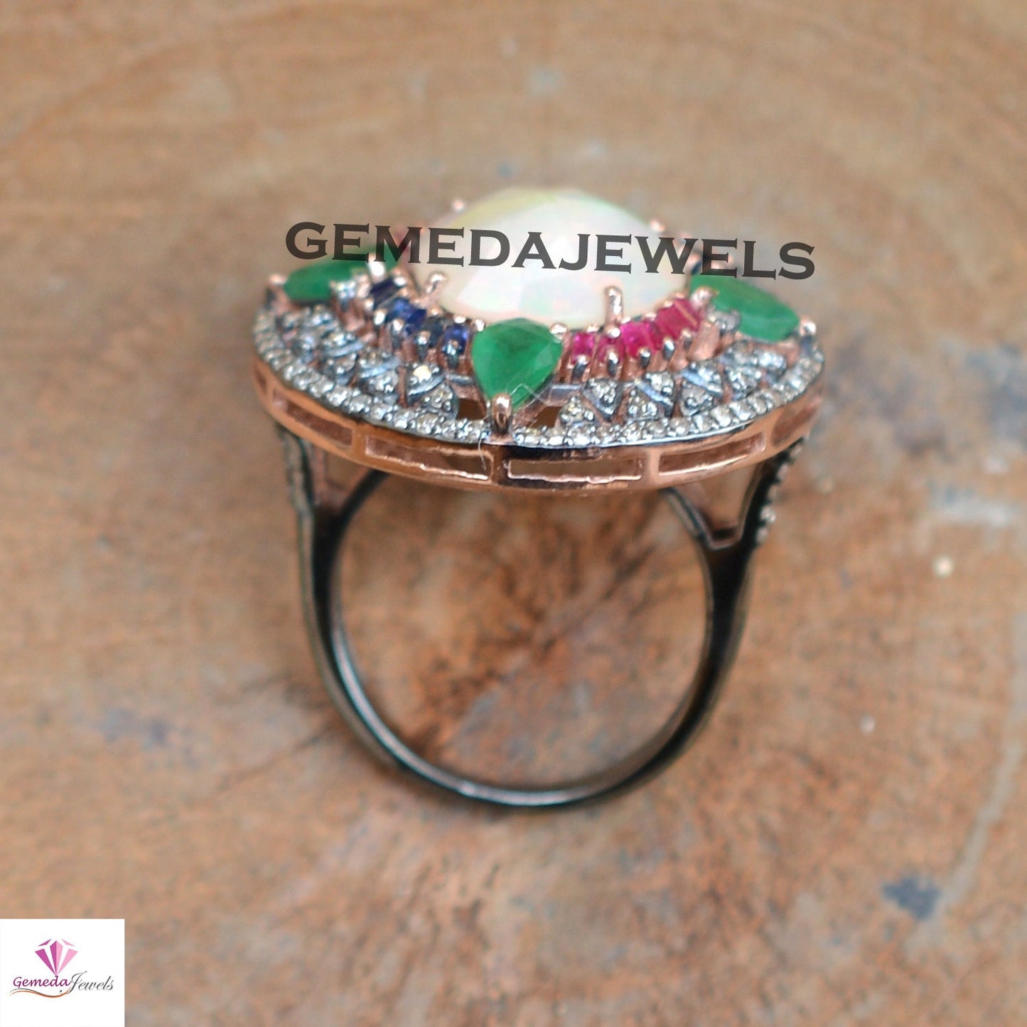 Genuine Opal 925 Silver Ring, Pave Diamond Jewelry, Baguette Gemstone Jewelry, Gemstone Diamond Flower Ring, Emerald Gemstone Ring, Gift