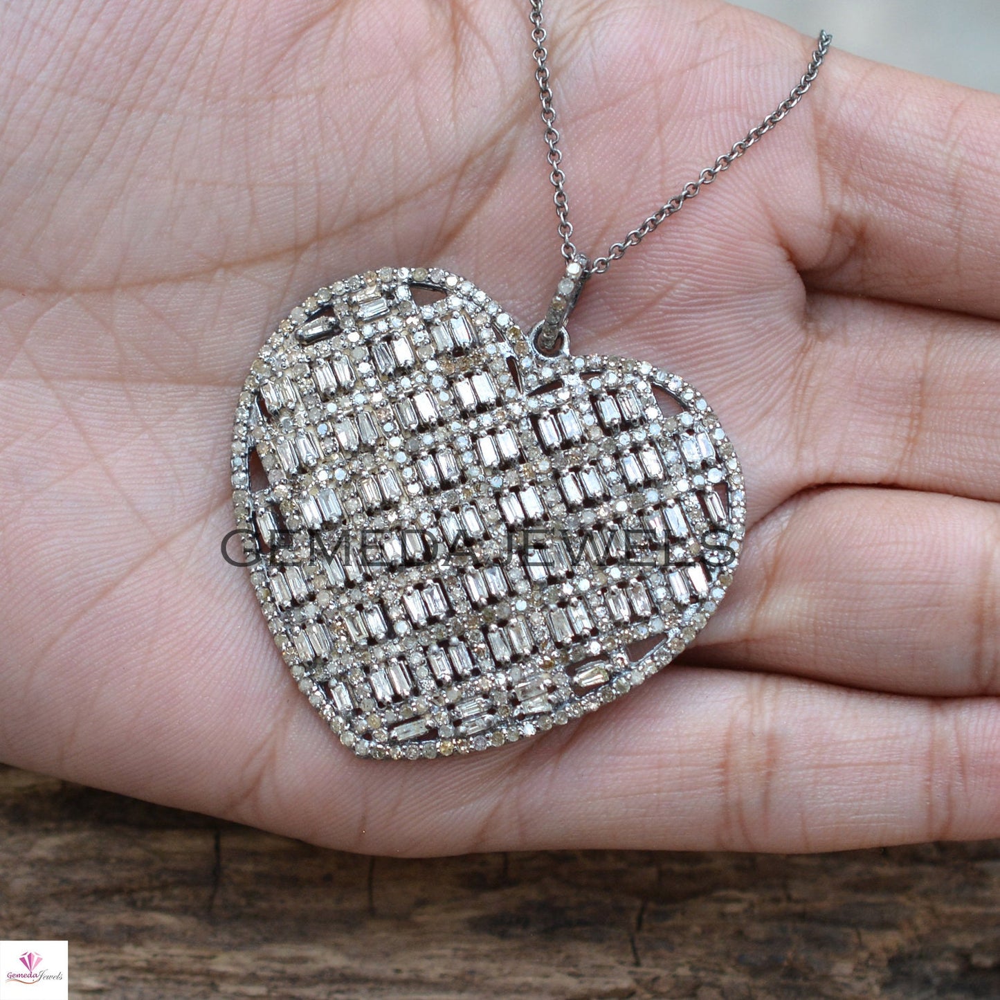 Diamond Heart Pendant, 925 Silver Jewelry, Pave Diamond Pendant, Silver Heart Pendant, Baguette Diamond Pendant, 16" Chain Necklace, Gifts
