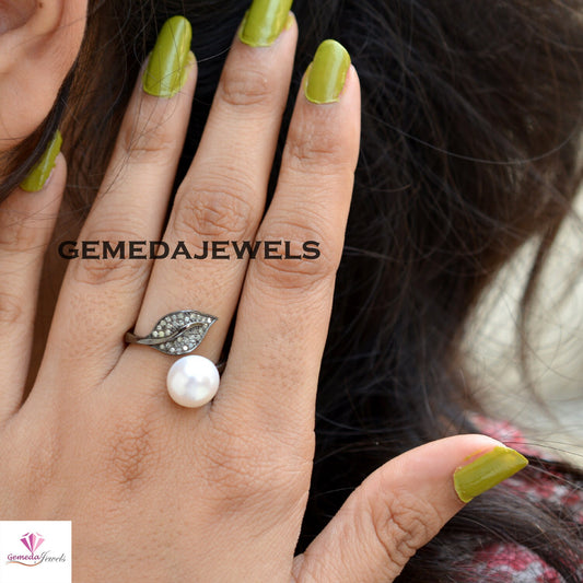 Sale! White Pearl Ring, Pave Diamond Leaf Ring, Gemstone Silver Ring, Sterling Silver Jewelry, Minimalist Jewelry, Rhodium Plated Ring, Gift