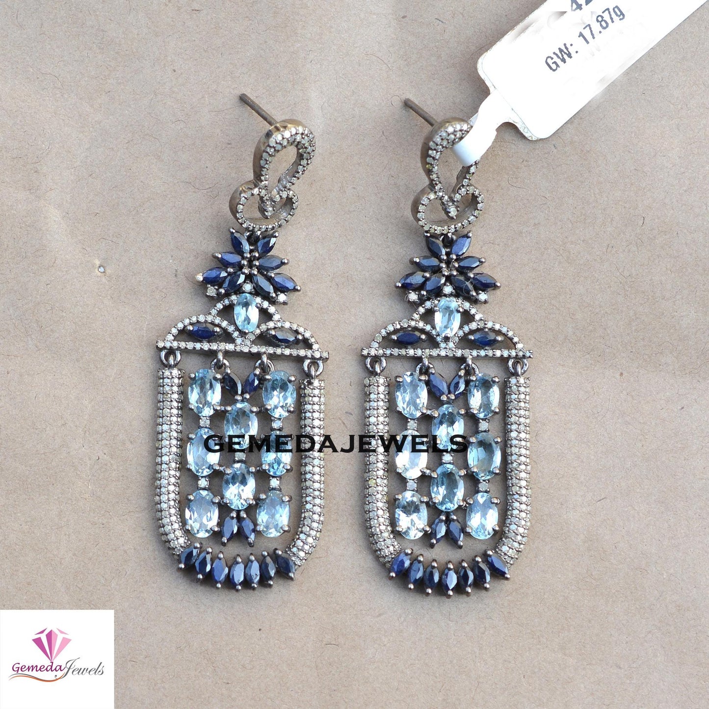 Sale Blue Topaz Designer Earrings, Sapphire Gemstone Jewelry, Rhodium Plated 925 Silver Earring, Pave Diamond Earrings, Women's Gift Jewelry