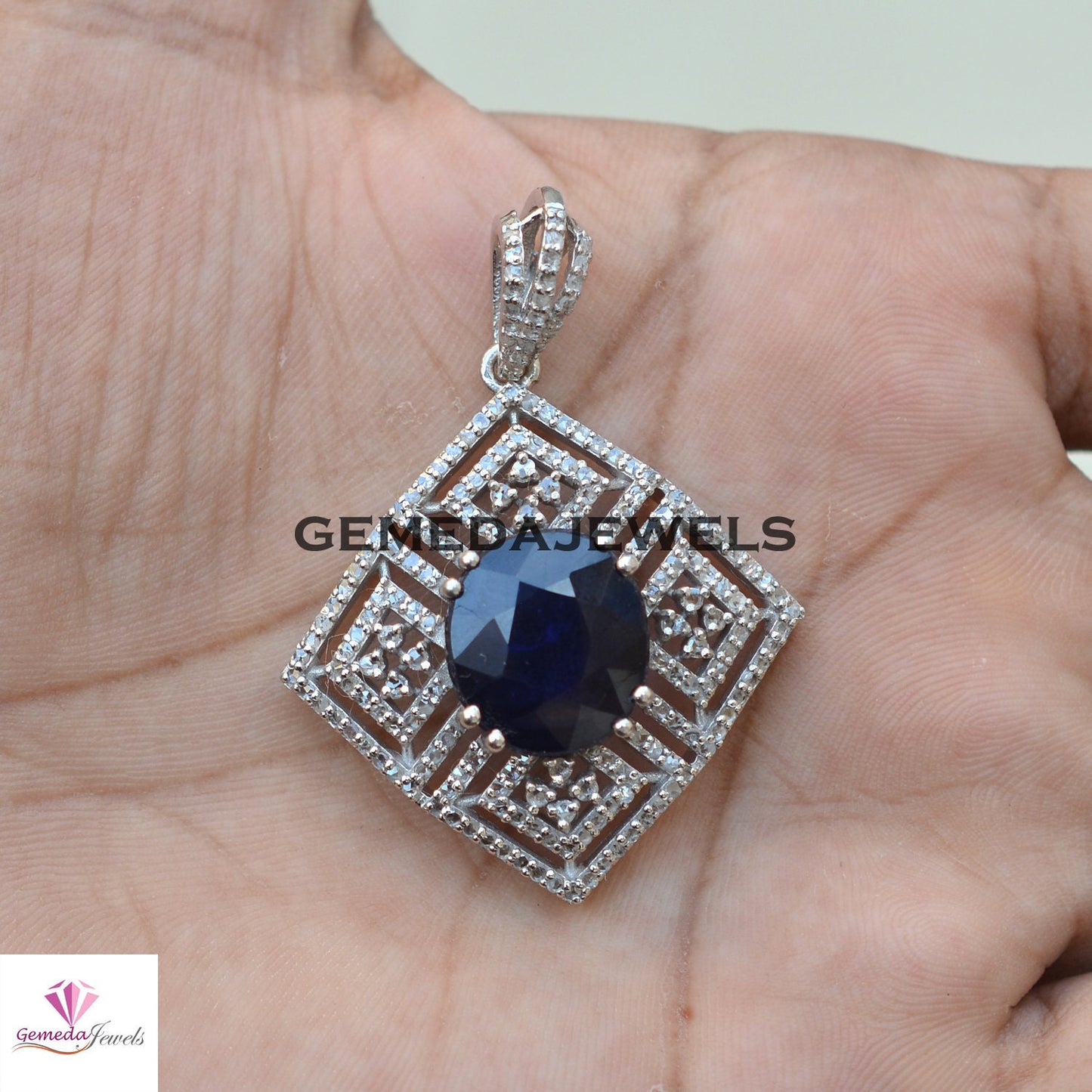 Sparkling Blue Sapphire Pendant, 925 Sterling Silver Jewelry, Pave Diamond Pendant, Gemstone Silver Jewelry, 16" Link Chain Pendant Necklace