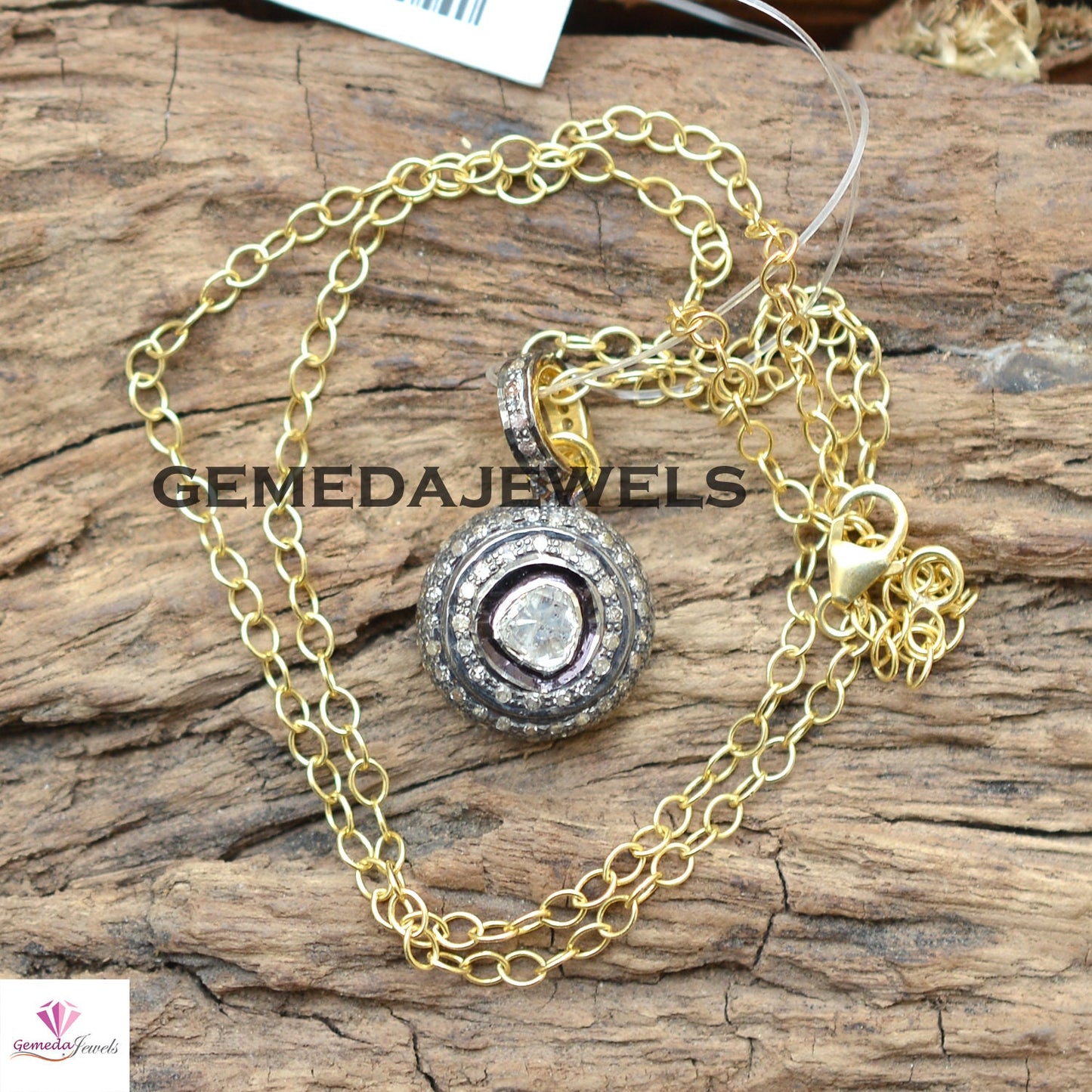 Polki Diamond Pendant, 14k Gold Plated Jewelry, Pave 925 Silver Pendant, Round Shape Pendant, 16" Silver Link Chain Necklace Pendant, Gift