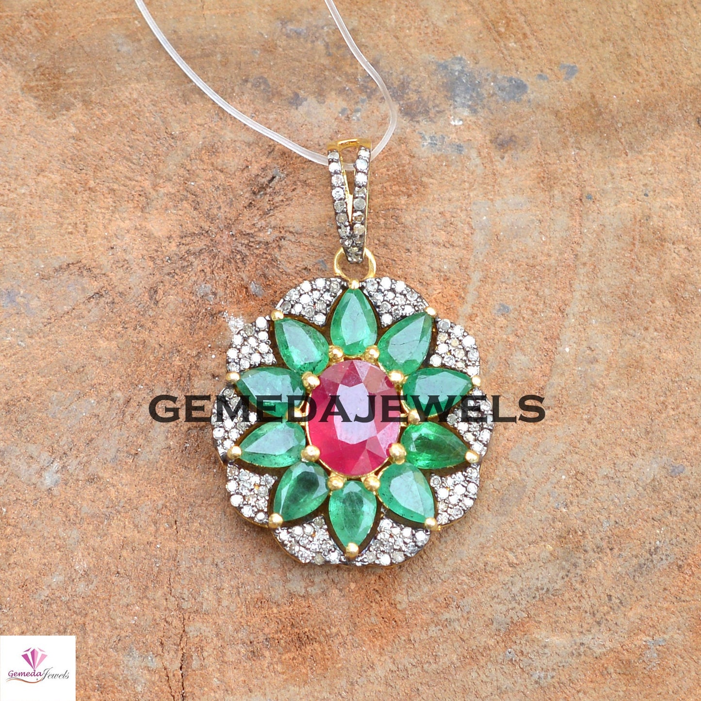 Red Ruby Pendant, Emerald 925 Silver Pendant, Pave Diamond Jewelry, Gemstone Floral Pendant, 16" Chain Pendant Necklace, Gold Plated Jewelry