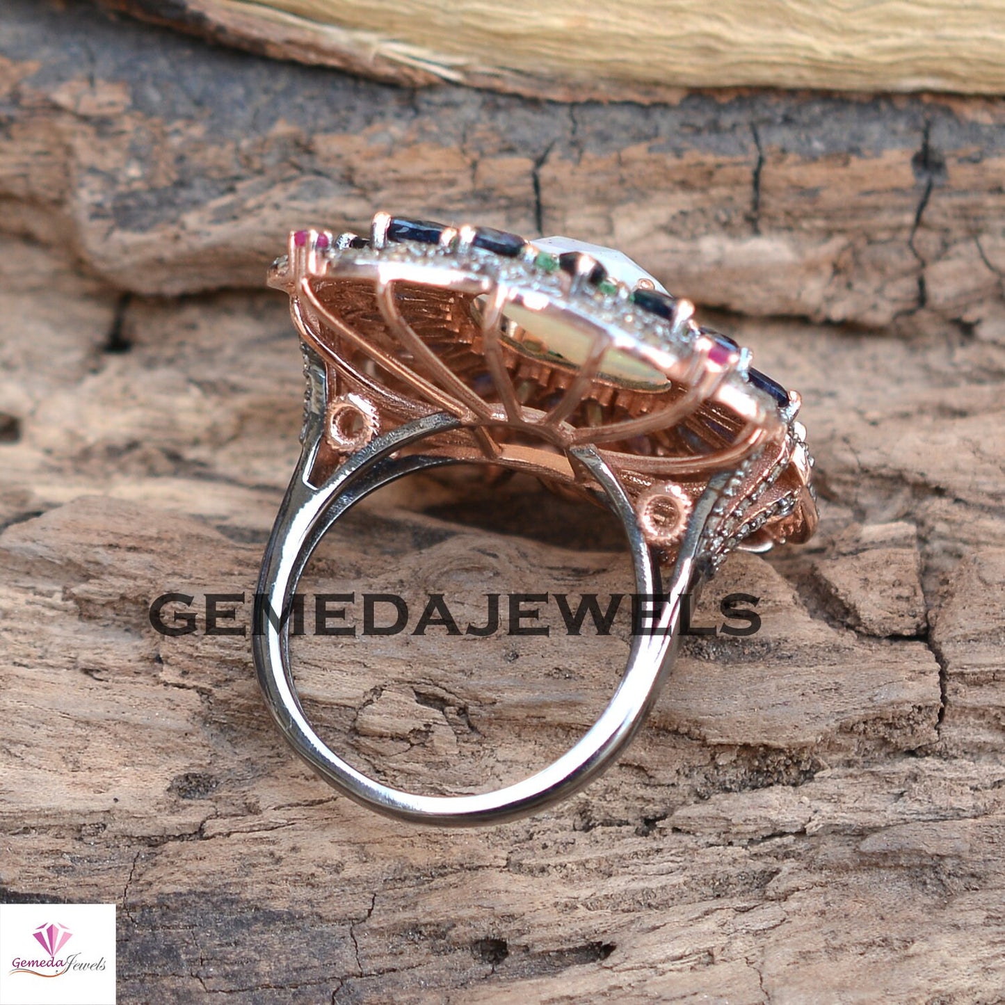 Genuine Opal Gemstone Ring, Sapphire Diamond Ring, Emerald Gemstone Jewelry, Pave Diamond Jewelry, Rose Gold Plated Ring, 925 Silver Jewelry