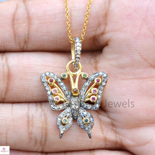 Multi Tourmaline Butterfly Pendant, 925 Silver Gold Plated Jewelry, Pave Diamond Butterfly Pendant Necklace, 16" Silver Chain, Gift For her