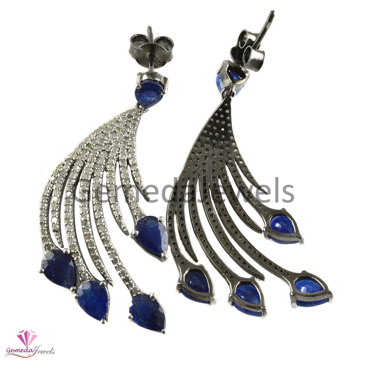 1.96 CTS Real Pave Diamond Earrings, Kyanite Gemstone Jewelry, 925 Silver Dangle Earring,  Designer Diamond Jewelry, Oxidized Silver Jewelry