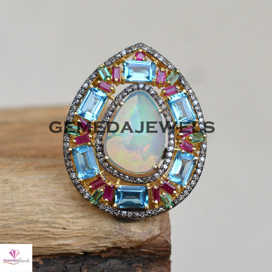 Charming Opal Gemstone Ring, Baguette Gemstone Ring, Pave Diamond Jewelry, Sterling Silver Ring, 14k Gold Vermeil Jewelry, Wedding Jewellery