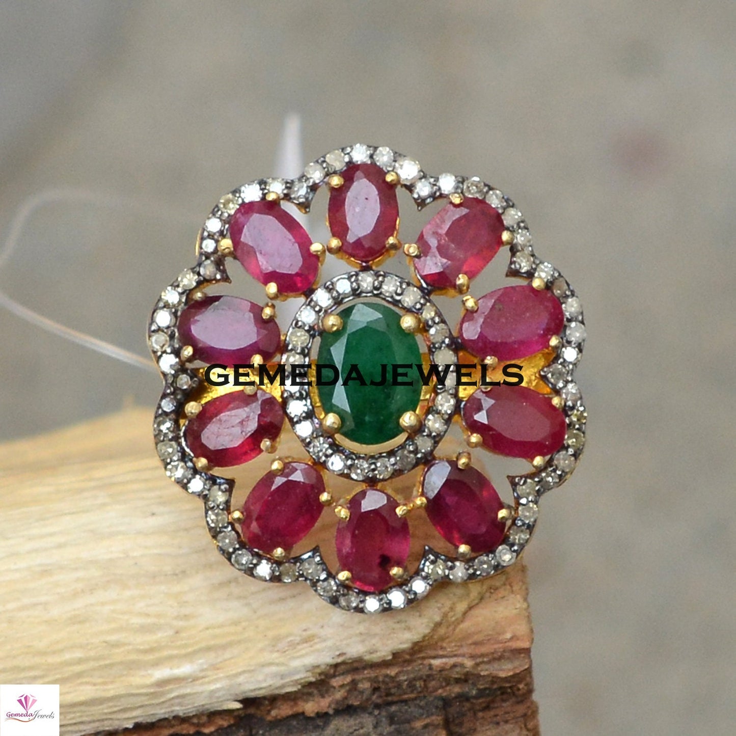 Emerald Gemstone Ring, Ruby Gemstone Ring, Pave Diamond Ring, Diamond Silver Jewelry, 925 Silver Gold Vermeil Jewelry, Flower Ring, Gifts