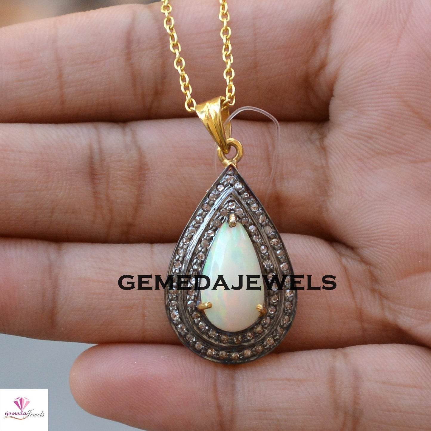 Natural Opal Pendant, Pave Diamond Jewelry, Gemstone Silver Pendant, 925 Silver Jewelry, Gold Plated Pendant, 16" Chain Necklace Jewellery