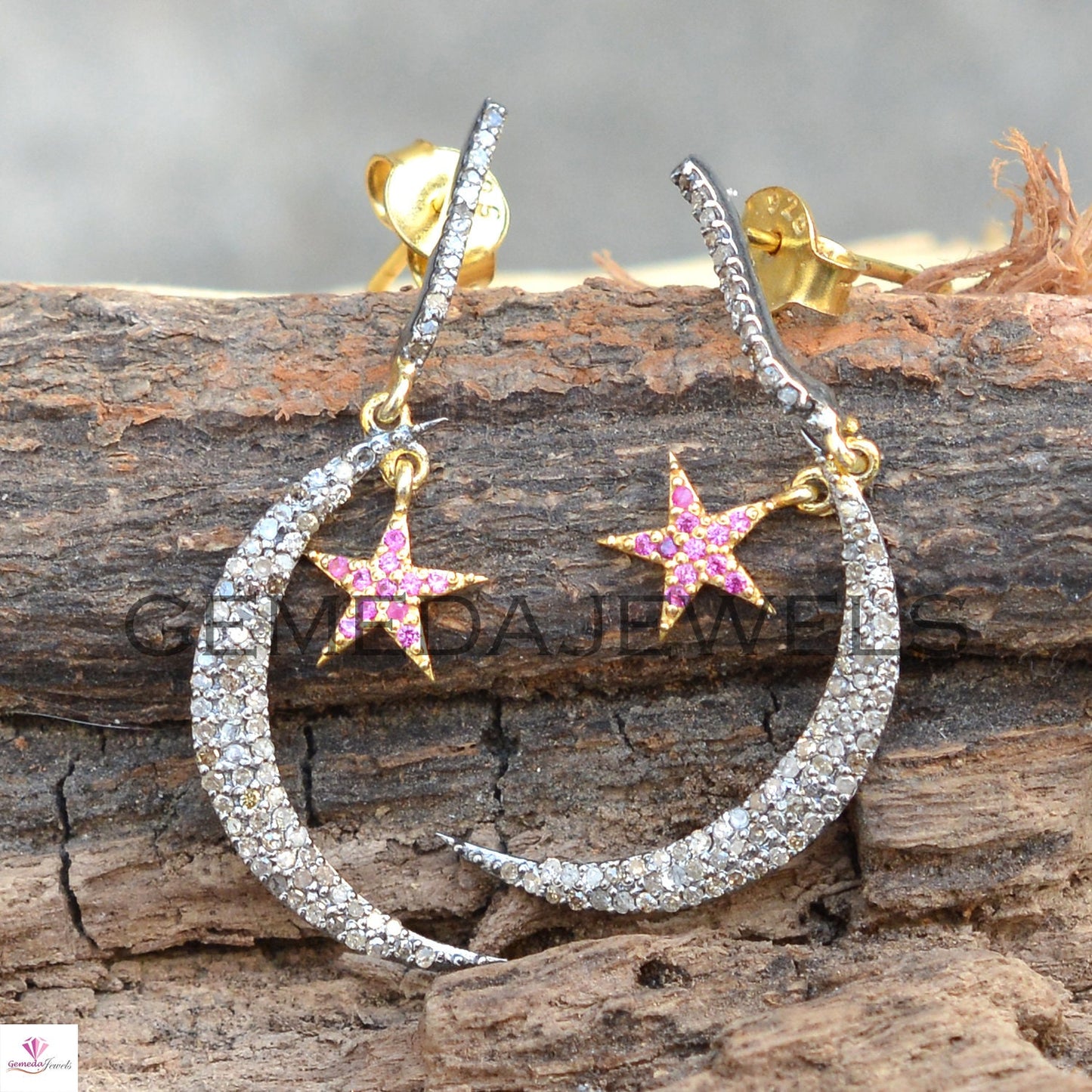 Pave Diamond Crescent Moon Earring, 925 Silver Gold Jewelry, Ruby Gemstone Star Earrings, Handmade Earrings, Gift For her, Bridesmaid Gift