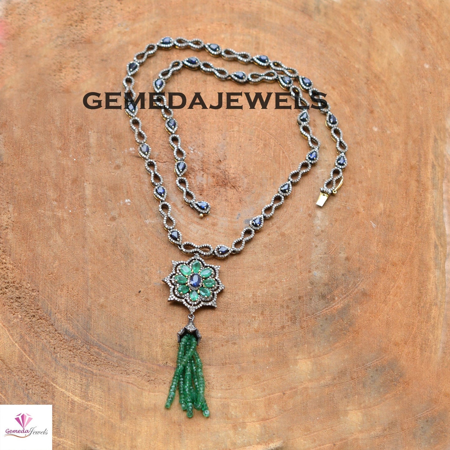 Genuine Sapphire Necklace, Emerald Beads Gemstone Necklace, Yellow Vermeil 925 Silver Jewelry, Pave Diamond Necklace, 26" Pendant Necklace