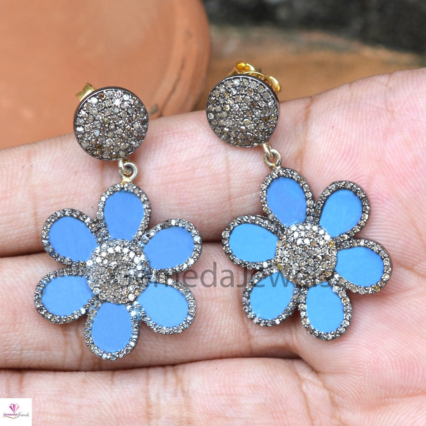 1.80cts Pave Diamond Earrings, 14k Gold Earring Jewelry, 925 Silver Earrings, Blue Enamel Earrings, Diamond Flower Earrings, Gift For Her