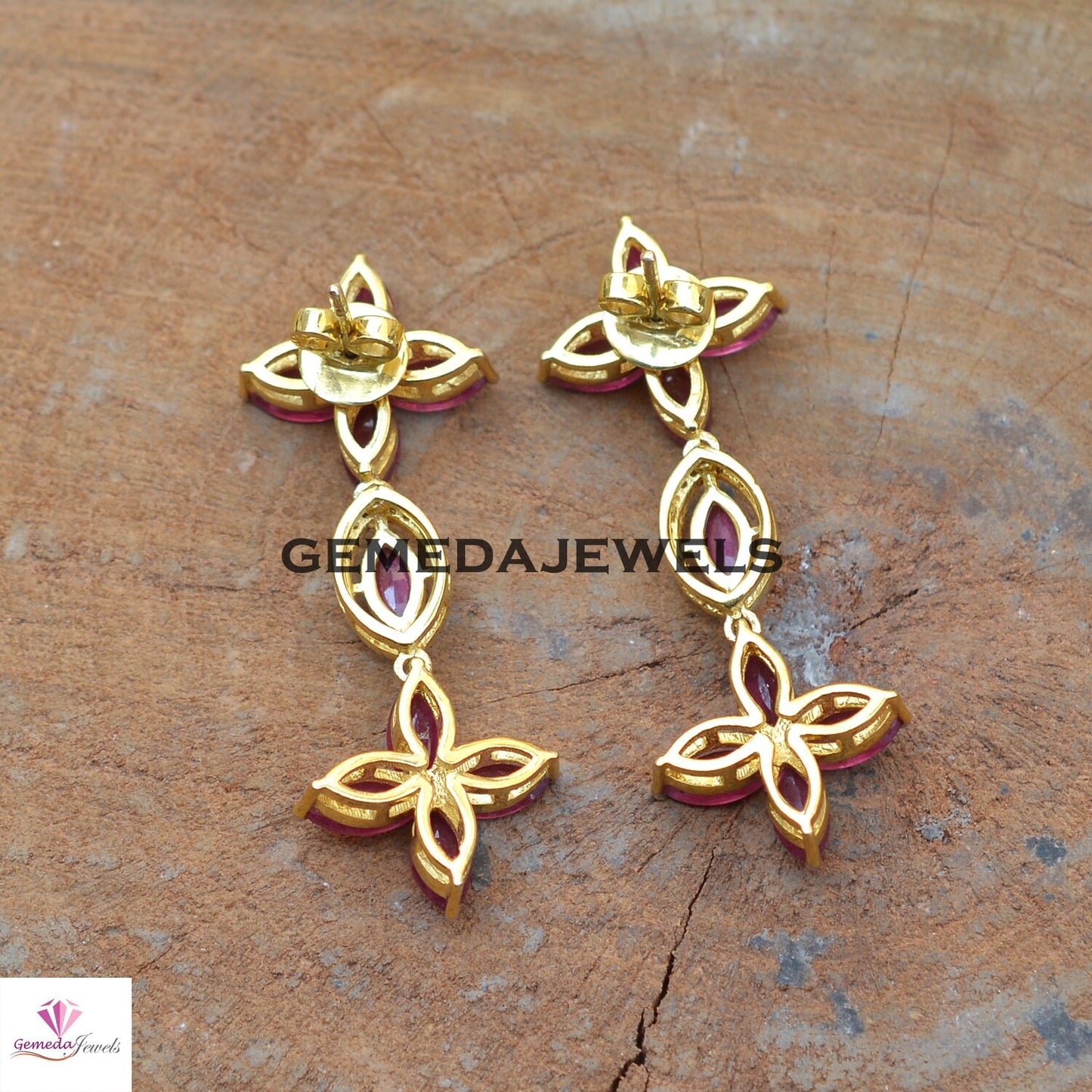 Sale!! Ruby Jewelry Set, Gemstone Flower Jewelry, Pave Diamond 22" Necklace, Earrings Necklace Jewelry Set, 925 Silver Jewelry, Gift For Her