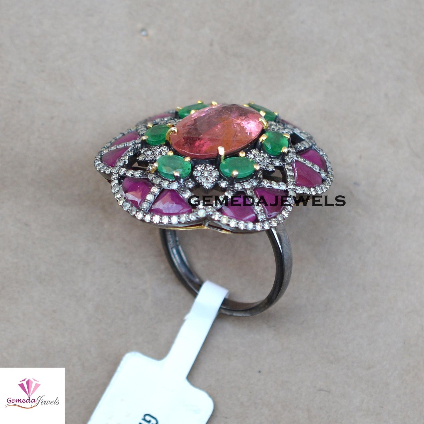 Gorgeous Pink Tourmaline Gemstone Ring, Pave Diamond Jewelry, Emerald 925 Silver Ring, Rhodium Plated Jewelry, Ruby Gemstone Flower Ring