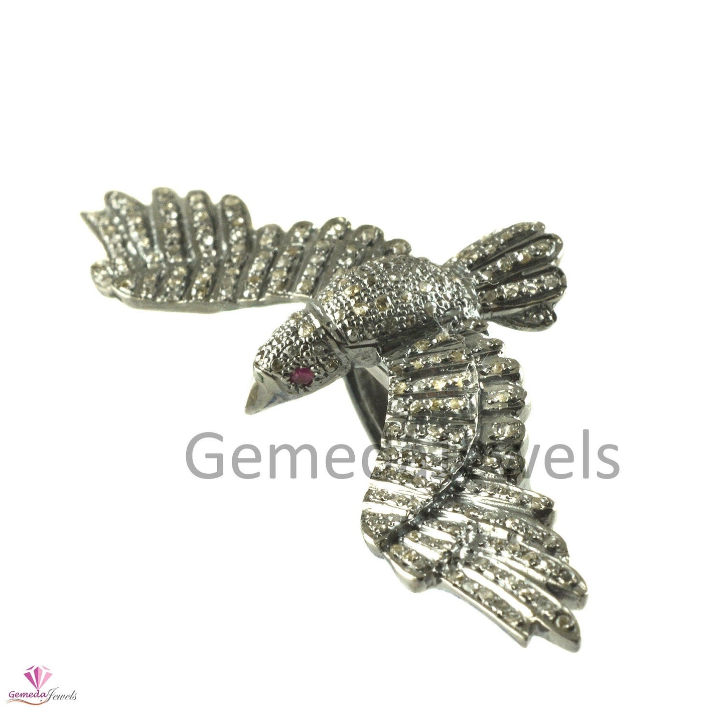 Solid 925 Silver Ring Jewelry, Real Pave Diamond Red Eye Eagle Ring, Diamond Bird Ring, Rhodium Plated Jewelry, Ruby Gemstone Ring, Gifts