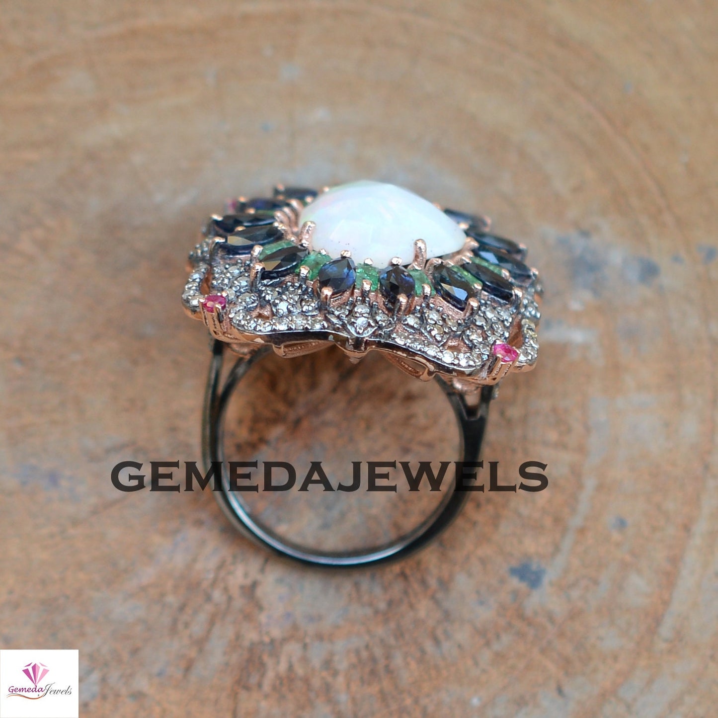 Genuine Opal Gemstone Ring, Sapphire Diamond Ring, Emerald Gemstone Jewelry, Pave Diamond Jewelry, Rose Gold Plated Ring, 925 Silver Jewelry