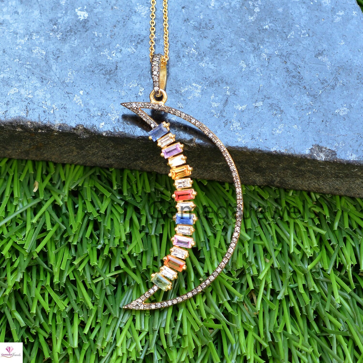 Real Multi Sapphire Pendant, Crescent Moon Pendant, 925 Silver Jewelry, Gold Vermeil Jewelry, Pave Diamond Pendant 16" Link Chain Necklace